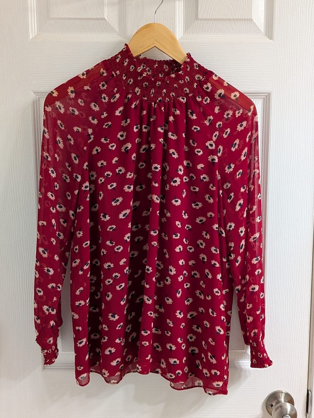 Women's Madewell Blouse Size Medium Red Floral Print EUC Mock Neck